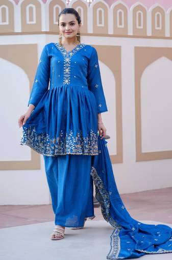 Blue colour chinnon silk heavy emrboidery work fully stitched salwar suit