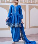 Blue colour chinnon silk heavy emrboidery work fully stitched salwar suit