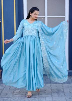 Sky blue chinnon silk heavy emrboidery work fully salwar suit 1