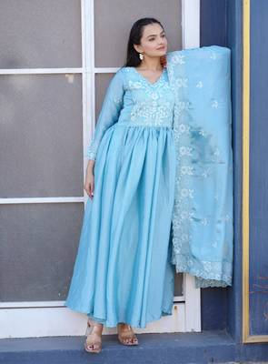 Sky blue chinnon silk heavy emrboidery work fully salwar suit 3