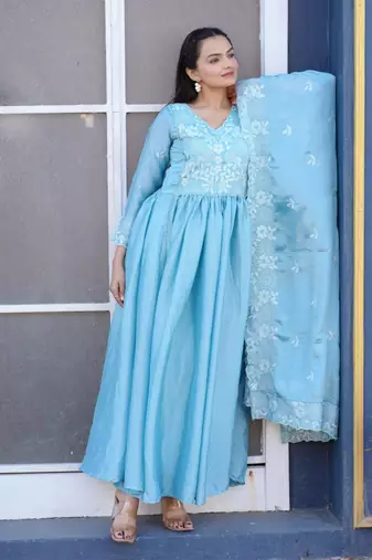 Sky blue chinnon silk heavy emrboidery work fully salwar suit