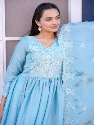 Sky blue chinnon silk heavy emrboidery work fully salwar suit 5