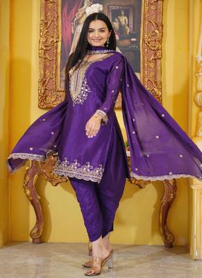 Purple chinnon silk heavy embroidery work fully salwar suit 1