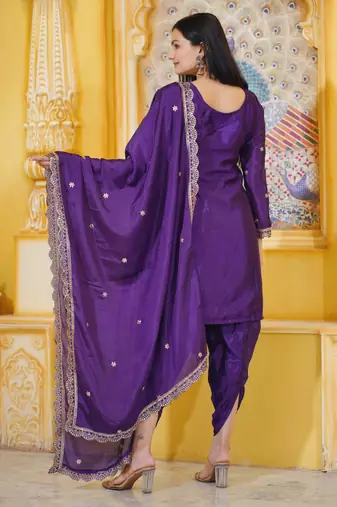 Purple chinnon silk heavy embroidery work fully salwar suit