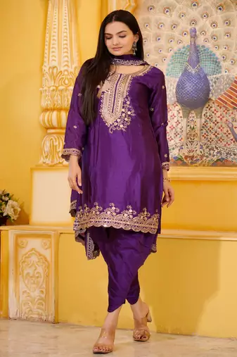 Purple chinnon silk heavy embroidery work fully salwar suit