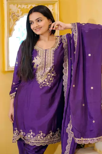 Purple chinnon silk heavy embroidery work fully salwar suit