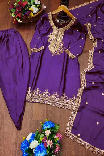 Purple chinnon silk heavy embroidery work fully salwar suit