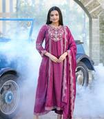 Wine colour chinnon silk heavy emrboidery work fully stitched salwar suit