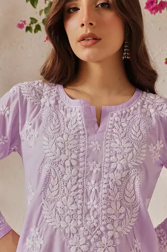 Hand Embroidered Lilac Cotton Lucknowi Chikankari Indian Women Straight Kurta