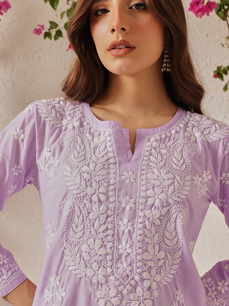 Hand Embroidered Lilac Cotton Lucknowi Chikankari Indian Women Straight Kurta