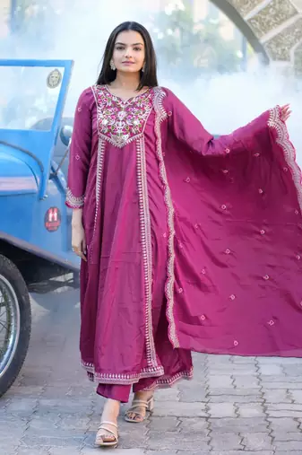 Wine chinnon silk heavy emrboidery work fully salwar suit