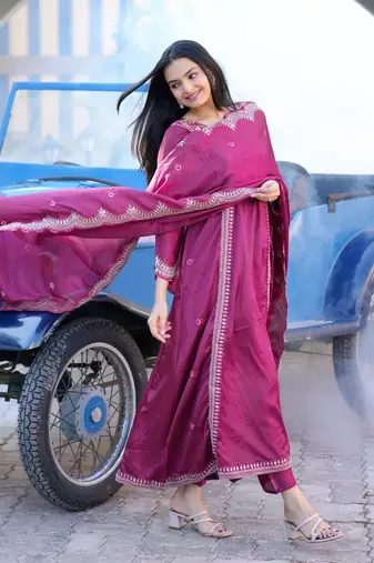 Wine chinnon silk heavy emrboidery work fully salwar suit