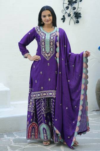 Purple colour chinnon silk heavy embroidery work fully stitched sharara suit
