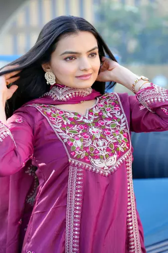Wine chinnon silk heavy emrboidery work fully salwar suit