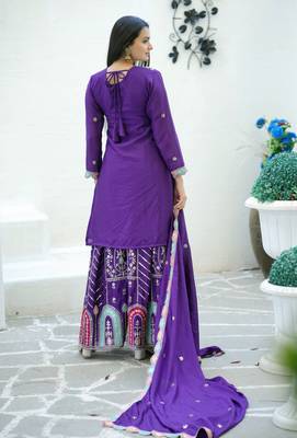 Purple chinnon silk heavy embroidery work fully sharara suit 3