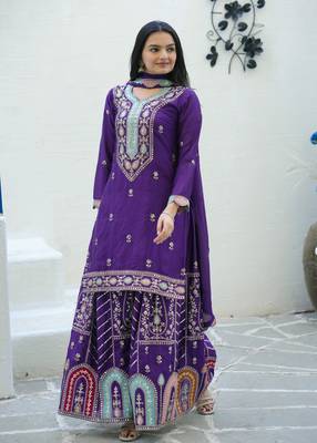 Purple chinnon silk heavy embroidery work fully sharara suit 4