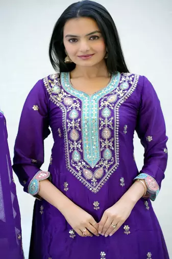Purple chinnon silk heavy embroidery work fully sharara suit