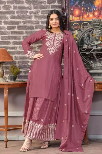 Wosewood chinnon silk heavy emrboidery work fully sharara suit