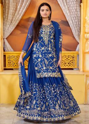 Blue georgette heavy embroidery work fully lehenga suit set 1
