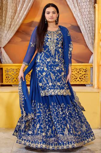 Blue colour georgette heavy embroidery work fully stitched lehenga suit set