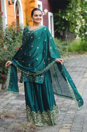 Dark teal rangoli silk heavy emrboidery work fully suit