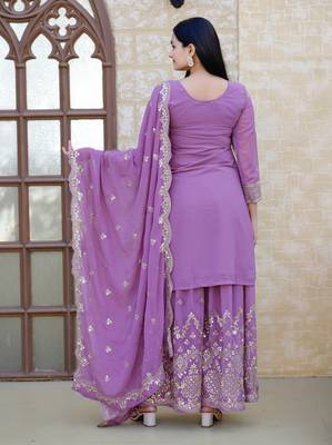 Lavender georgette heavy embroidery work fully sharara suit set 3