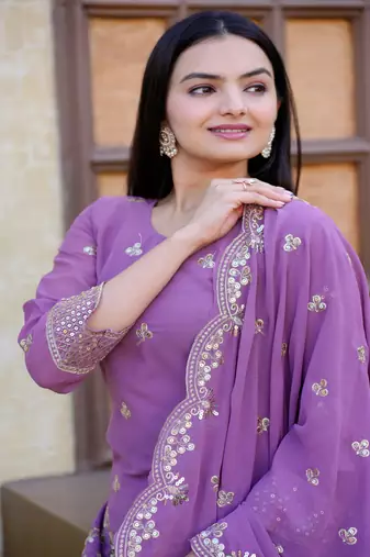 Lavender georgette heavy embroidery work fully sharara suit set