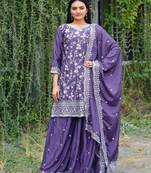 Lavender colour chinnon silk heavy emrboidery work fully stitched sharara suit