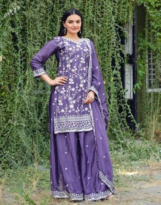 Lavender chinnon silk heavy emrboidery work fully sharara suit 3