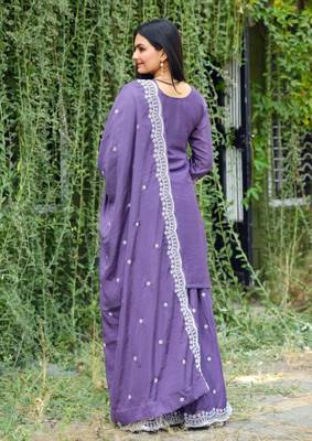 Lavender chinnon silk heavy emrboidery work fully sharara suit 4