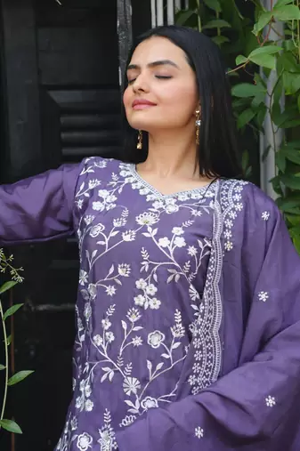 Lavender chinnon silk heavy emrboidery work fully sharara suit