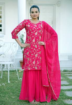 Pink faux georgette heavy embroidery work fully sharara suit 1