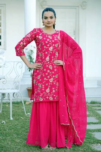 Pink colour faux georgette heavy embroidery work fully stitched sharara suit