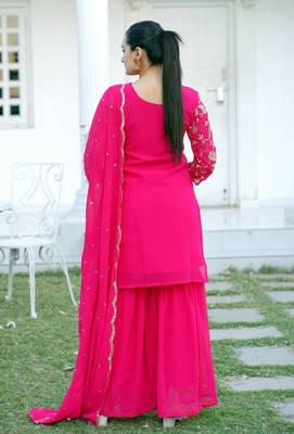 Pink faux georgette heavy embroidery work fully sharara suit 3