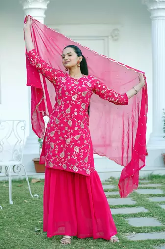 Pink faux georgette heavy embroidery work fully sharara suit
