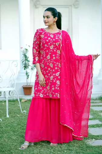 Pink faux georgette heavy embroidery work fully sharara suit