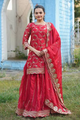 Red colour rangoli  silk heavy emrboidery work fully stitched suit