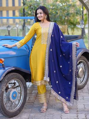 Yellow chinnon silk heavy emrboidery work fully salwar suit 1