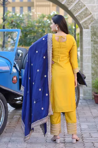 Yellow chinnon silk heavy emrboidery work fully salwar suit