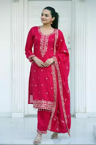 Rani colour vichitra silk heavy emrboidery work fully stitched salwar suit