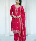 Rani colour vichitra silk heavy emrboidery work fully stitched salwar suit