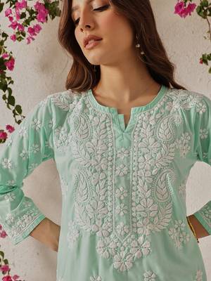 Hand Embroidered Sea Green Cotton Lucknowi Chikankari Indian Women Straight Kurta 6