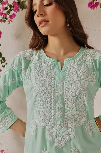 Hand Embroidered Sea Green Cotton Lucknowi Chikankari Indian Women Straight Kurta