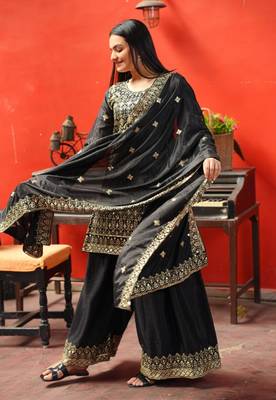 Black chinnon silk heavy emrboidery work fully sharara suit 4
