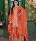 Orange colour chinnon silk heavy emrboidery work fully stitched sharara suit