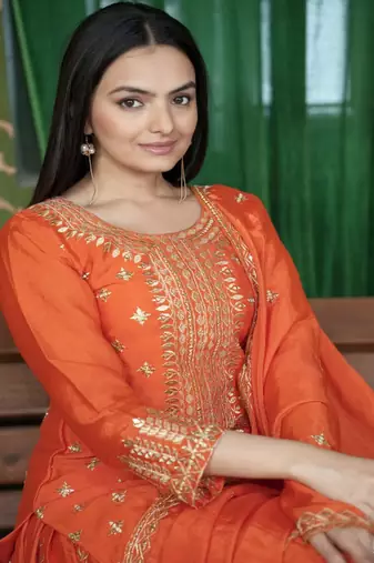 Orange chinnon silk heavy emrboidery work fully sharara suit