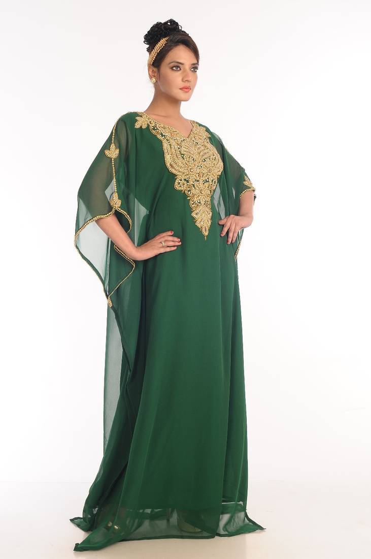 Bottle green embroidered georgette islamic kaftan