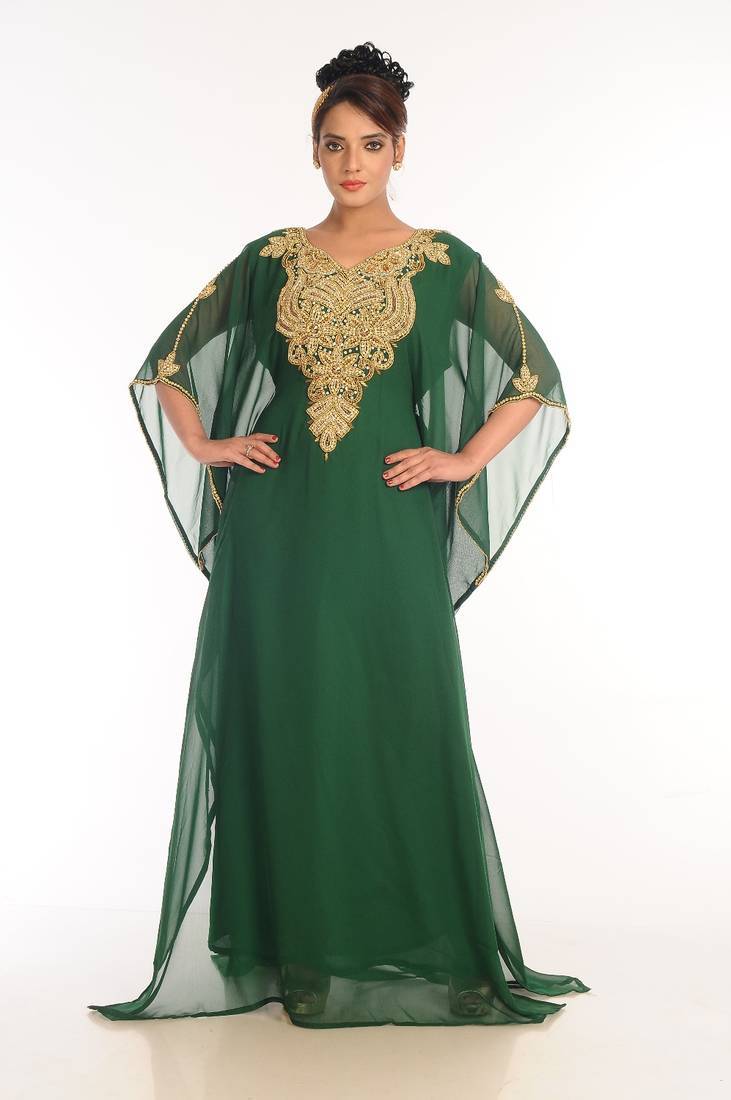 Bottle green embroidered georgette islamic kaftan