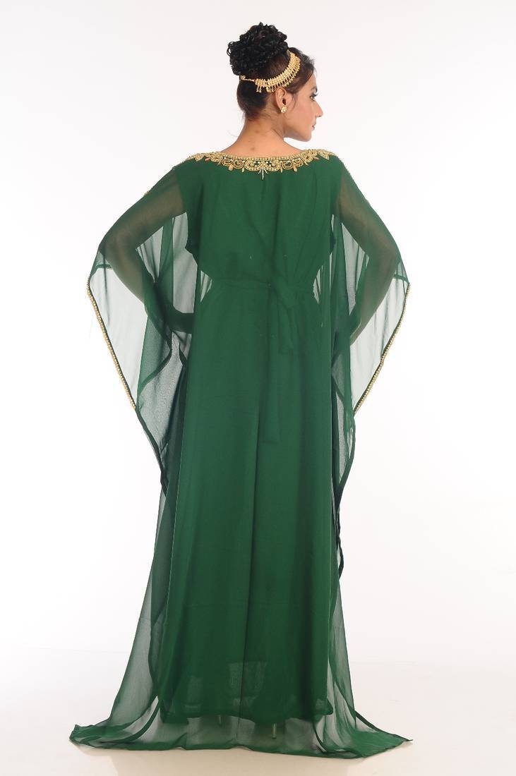 Bottle green embroidered georgette islamic kaftan