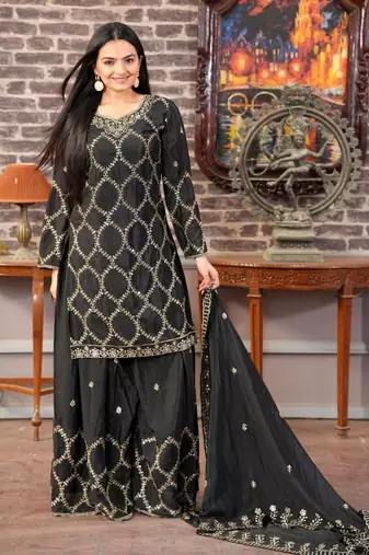 Black chinnon silk heavy emrboidery work fully sharara suit